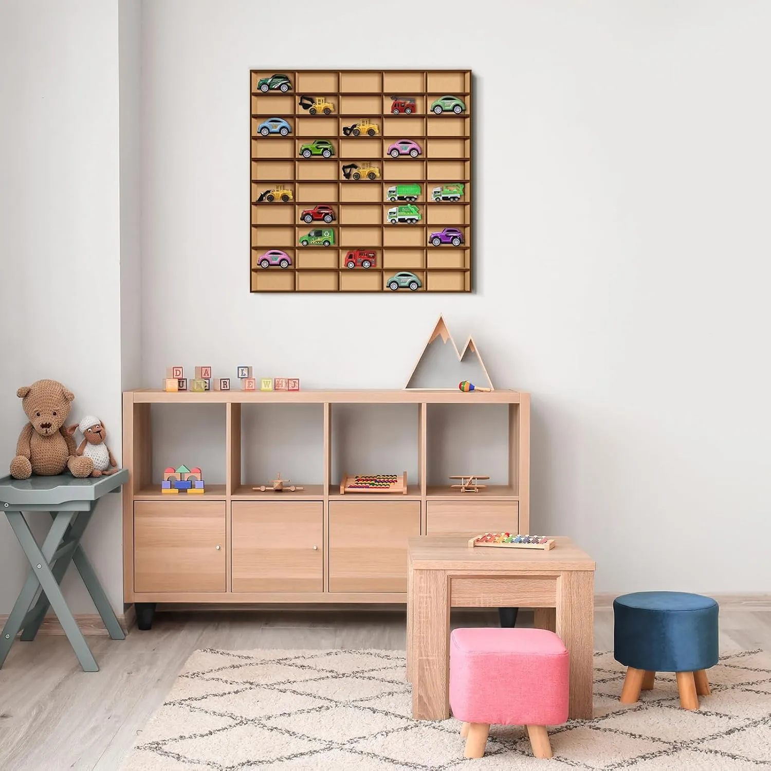 1 Pcs 50 Space Toy Car Display Case Wooden Wheels Shelf Wall Mounted Toy Car Storage Car Display Shelf Birthday Gift for Cars, Collectibles, Toy Figurines, Tiny Dolls, Shot Glasses