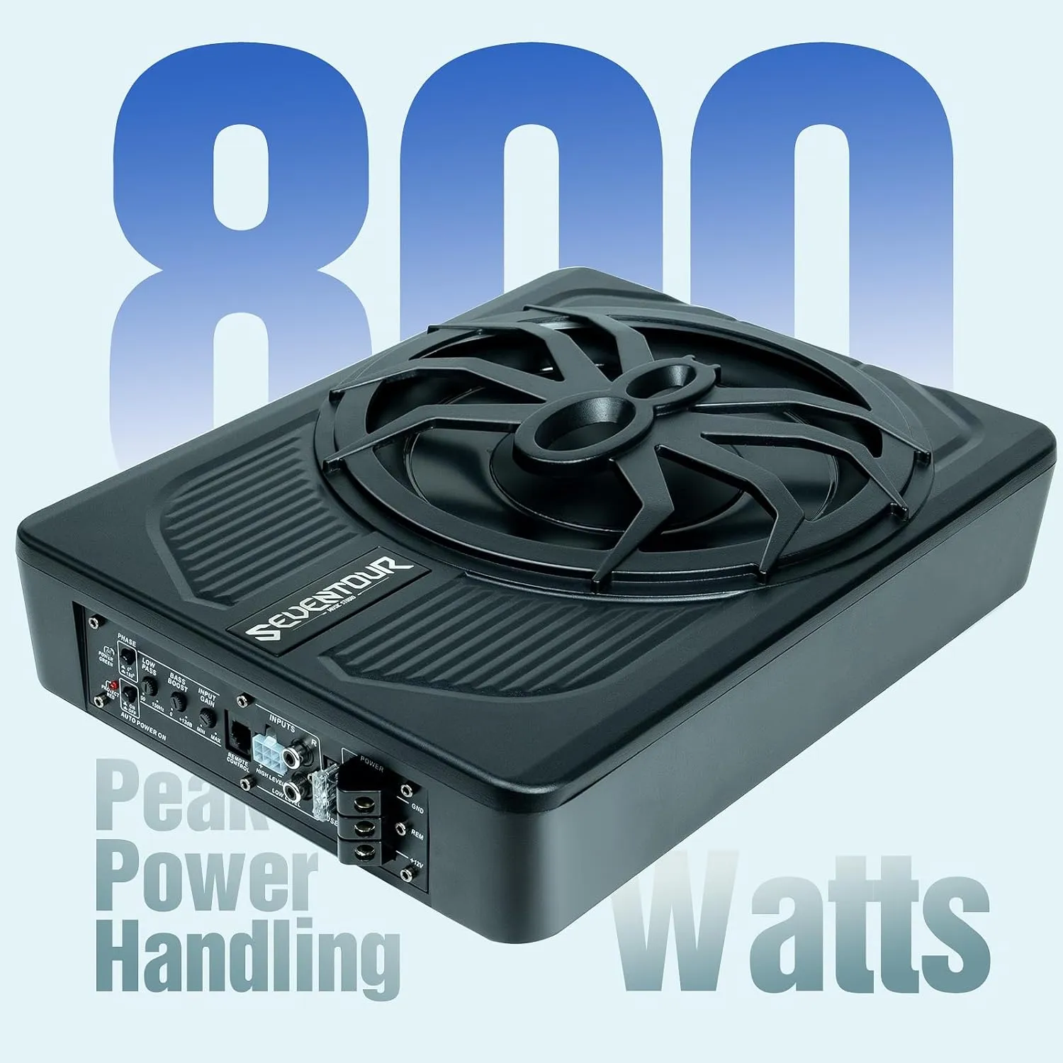 10" 800W Slim Under Seat Powered Car Subwoofer, Car/Truck Audio Sub Built in Amplifier, New Upgrade with Blue LED Ambient Light