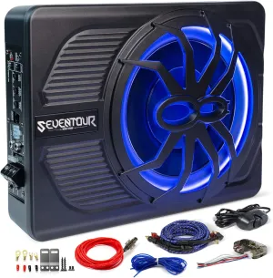 10" 800W Slim Under Seat Powered Car Subwoofer, Car/Truck Audio Sub Built in Amplifier, New Upgrade with Blue LED Ambient Light