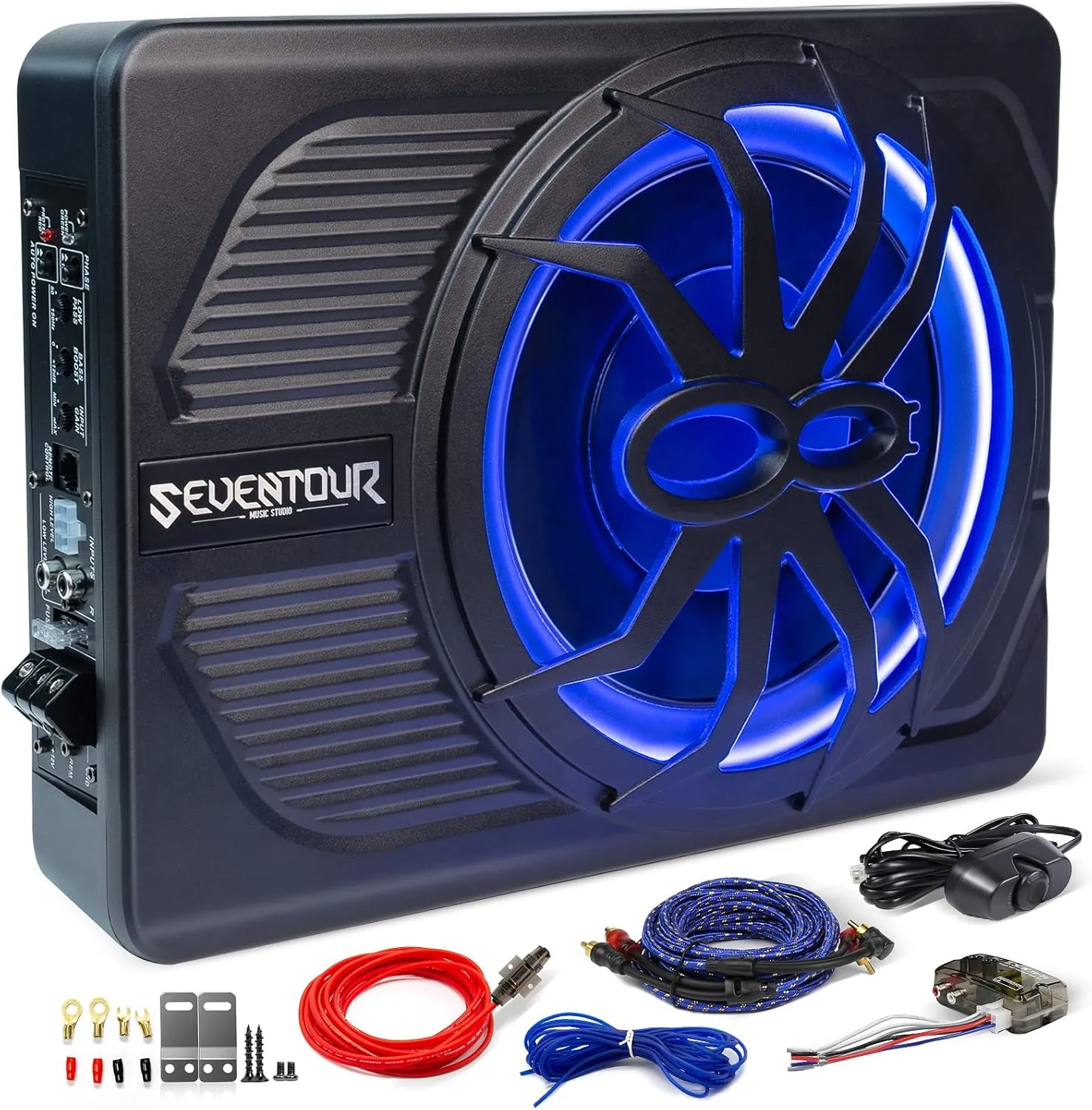 10" 800W Slim Under Seat Powered Car Subwoofer, Car/Truck Audio Sub Built in Amplifier, New Upgrade with Blue LED Ambient Light
