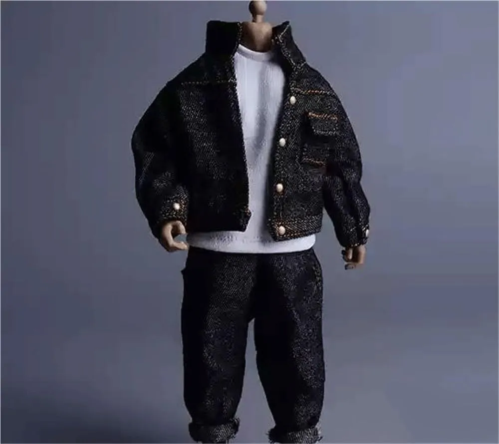 1/12 Scale Male Soldier Model Figure Doll Casual Long Sleeve Denim Jacket Jeans Clothes for 6 inch Action Figure Doll Clothes Doll(Black)