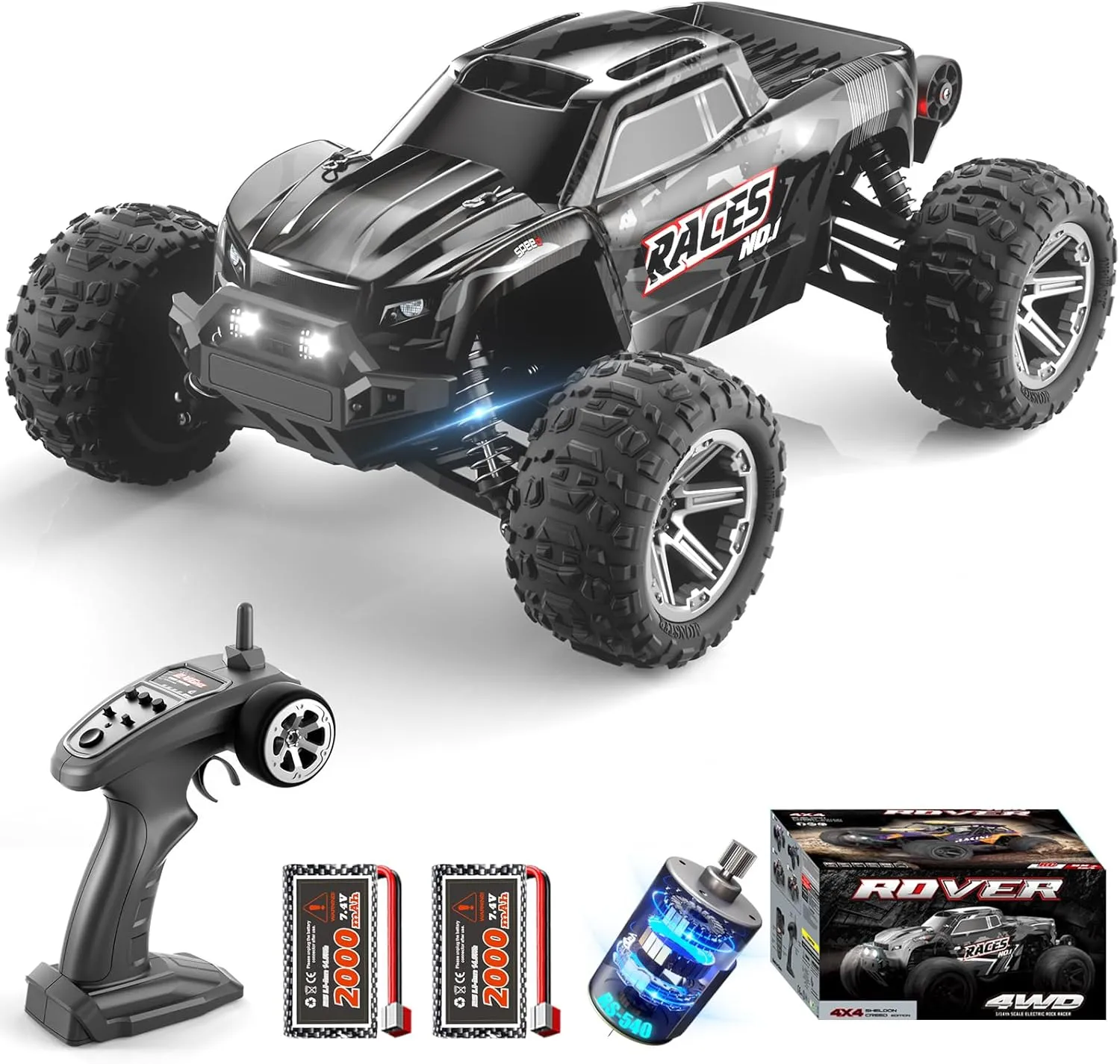 1:14 Remote Control Cars, Fast Remote Control Truck, 55 KPH High Speed RC Car, Waterproof RC Truck, 4X4 All Terrain Off Road RC Buggy, Electric Toy Vehicle with 2 LiPo Batteries, Gift for Boys 14 