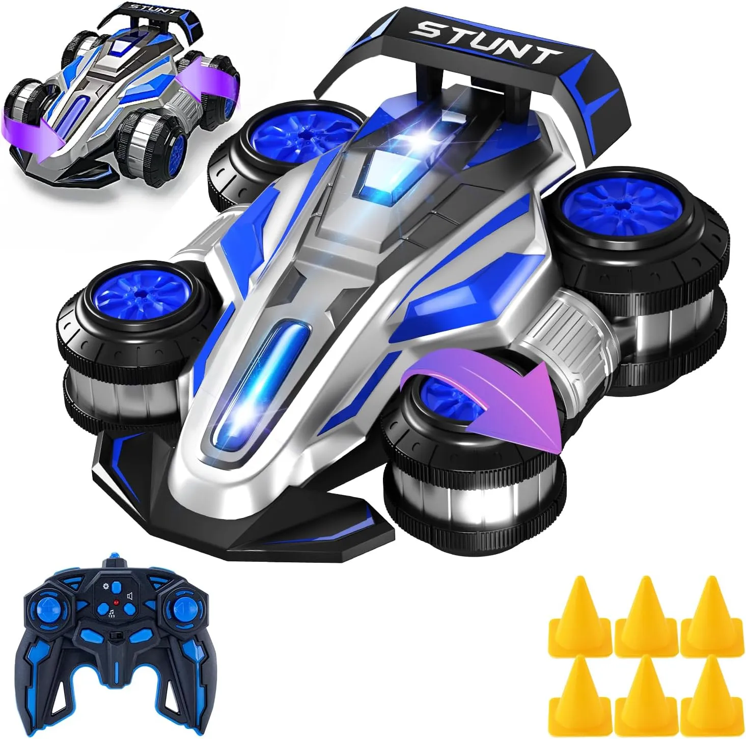 1:14 Remote Control Roll Stunt Car for Boys 360°Rotating 4WD RC Cars with Lights Music Upright Walking Four-Wheeled Rollover Toy Car Presents for Age 6-12（Blue）