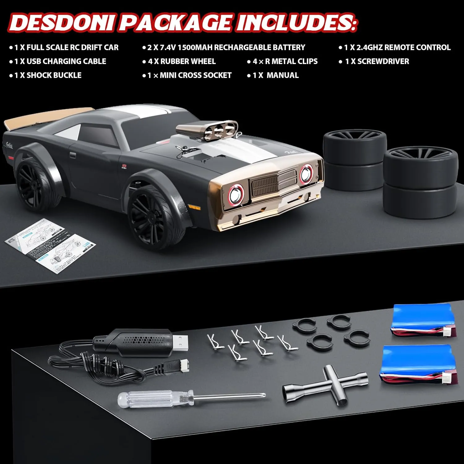 1/16 Fast RC Cars for Adults, RC Drift Car, 38KM/H High-Speed 4WD, Full Proportional Control, 6 LED Light Modes, 2 Rechargeable Batteries, RTR Drifting for Adults, Gift for Boys Kids and Girls