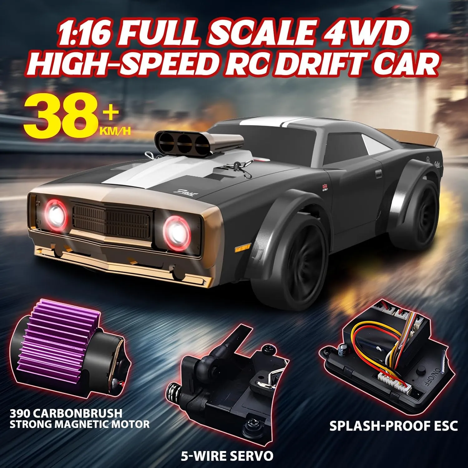 1/16 Fast RC Cars for Adults, RC Drift Car, 38KM/H High-Speed 4WD, Full Proportional Control, 6 LED Light Modes, 2 Rechargeable Batteries, RTR Drifting for Adults, Gift for Boys Kids and Girls