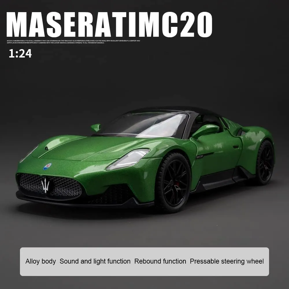 1:24 Maserati MC20 Model Car Toy Diecast Toy Cars, Zinc Alloy Pull Back Toy car with Sound and Light for Kids Boy Girl Gift，Birthday Presents, Collectibles. (Green)