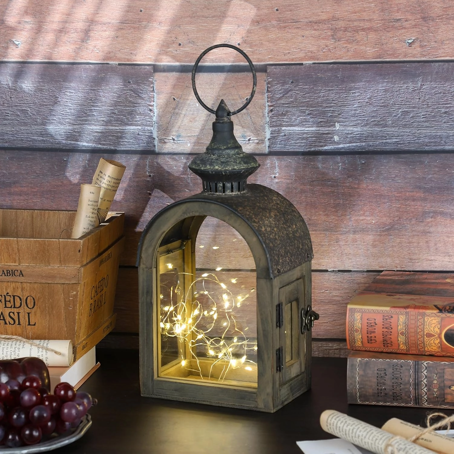 12" High Wooden Dome Lantern Made of Solid Fir Wood and Real Glass in Rustic Brown Finish with Rustic Metal Top, Hurricane Lantern, Farmhouse Lantern (1, Brown, Small)