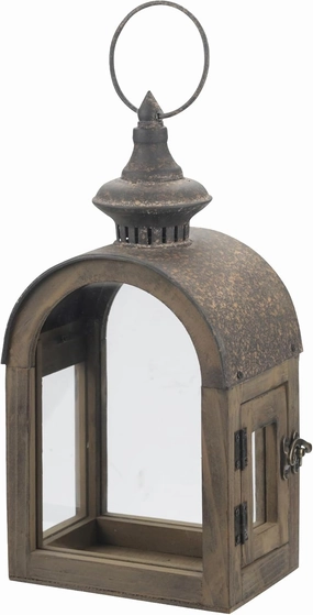 12" High Wooden Dome Lantern Made of Solid Fir Wood and Real Glass in Rustic Brown Finish with Rustic Metal Top, Hurricane Lantern, Farmhouse Lantern (1, Brown, Small)