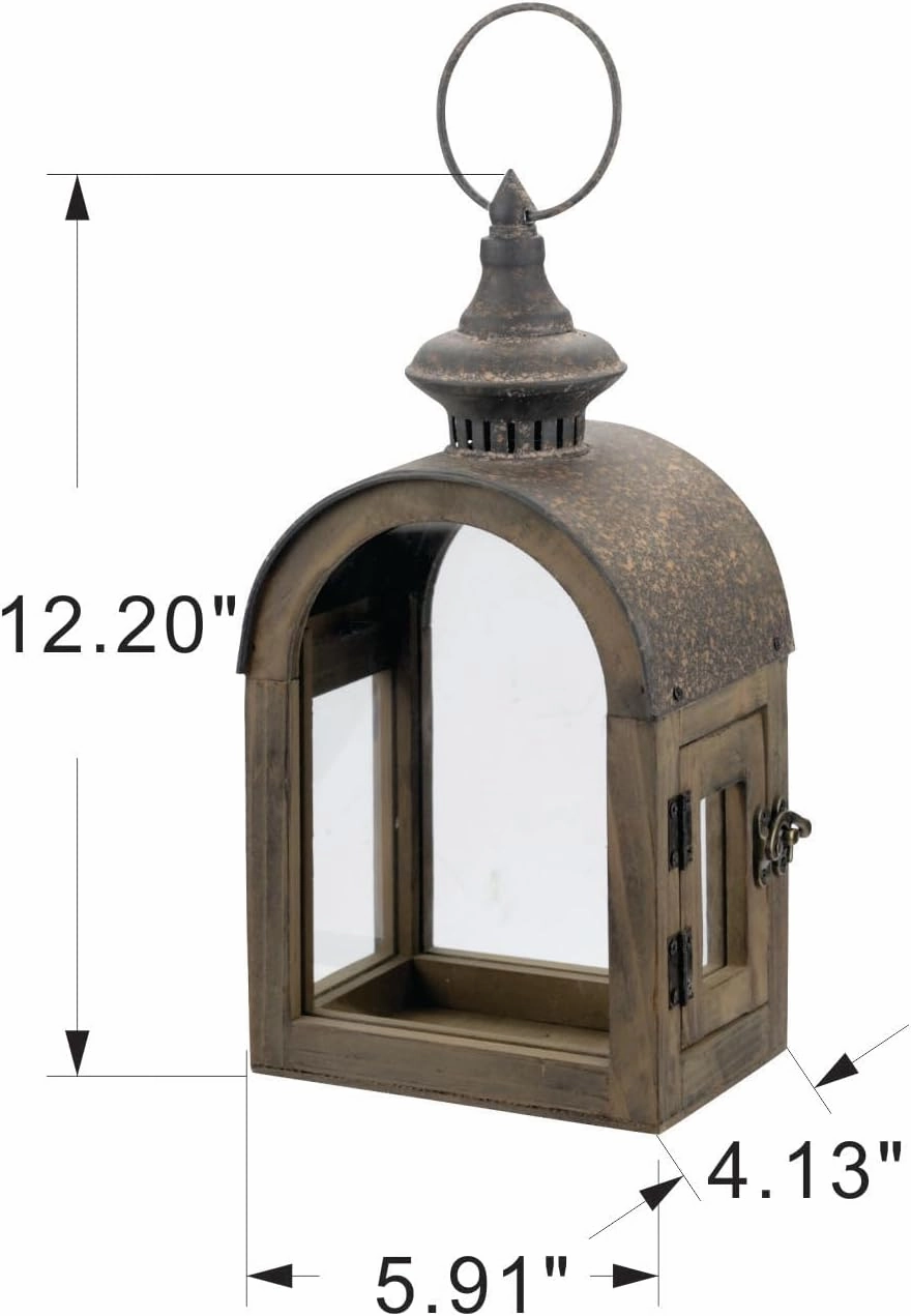 12" High Wooden Dome Lantern Made of Solid Fir Wood and Real Glass in Rustic Brown Finish with Rustic Metal Top, Hurricane Lantern, Farmhouse Lantern (1, Brown, Small)