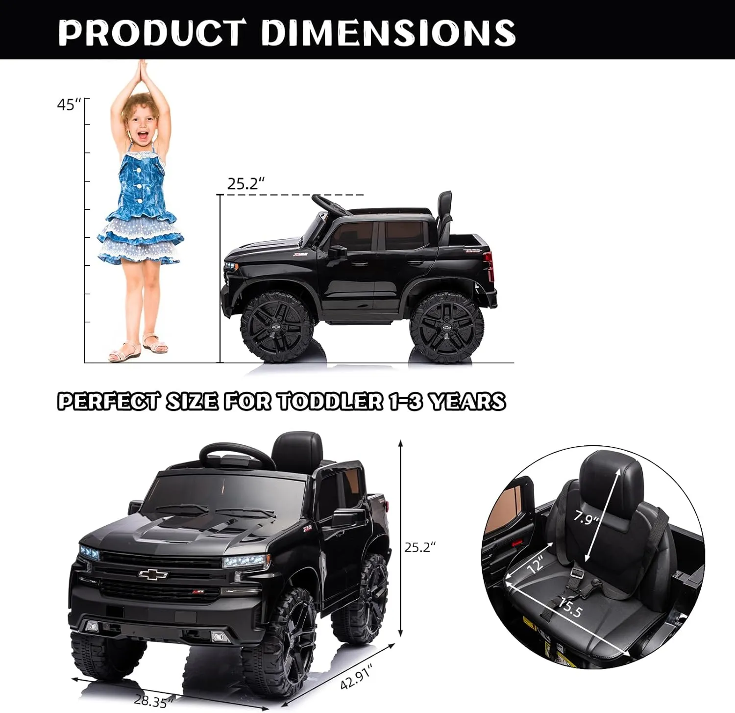 12V Electric Car for Kids,Licensed Chevy Silverado Truck Kids Ride On Car with Remote Control Battery Powered Electric Vehicle Toy Car, 4-Wheeler Suspension, Music& Lights, 3 Speeds(Black)