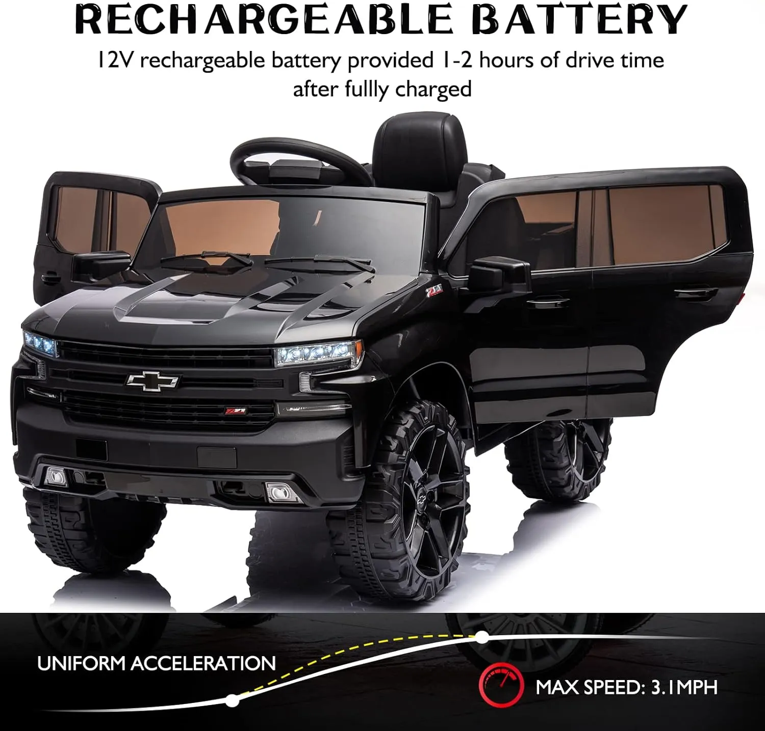 12V Electric Car for Kids,Licensed Chevy Silverado Truck Kids Ride On Car with Remote Control Battery Powered Electric Vehicle Toy Car, 4-Wheeler Suspension, Music& Lights, 3 Speeds(Black)