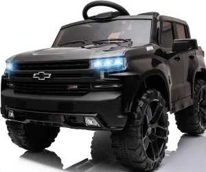 12V Electric Car for Kids,Licensed Chevy Silverado Truck Kids Ride On Car with Remote Control Battery Powered Electric Vehicle Toy Car, 4-Wheeler Suspension, Music& Lights, 3 Speeds(Black)