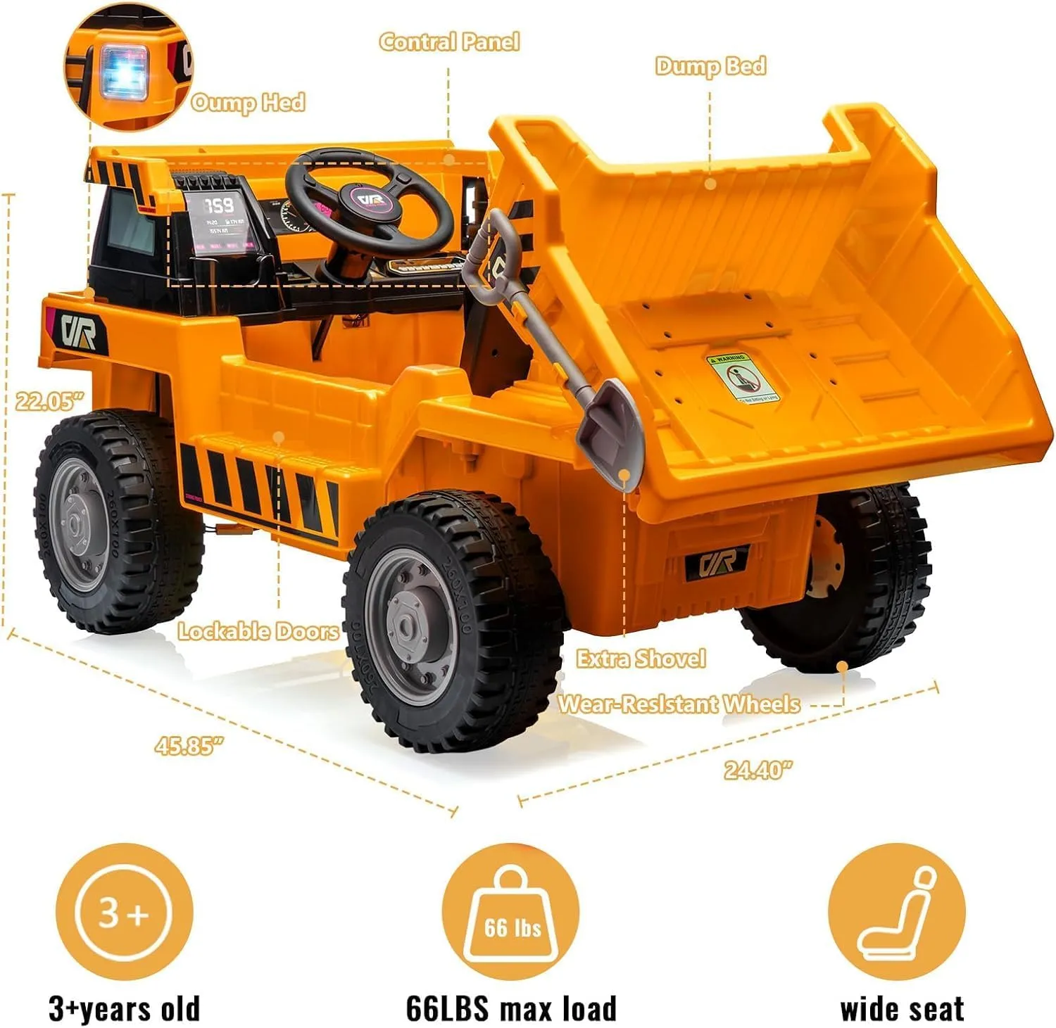 12V Electric Ride-On Construction Truck - 4-Wheeler Toy Car with Remote Control, Dump Bed, Shovel & Music Player | Interactive Construction Vehicle Gift