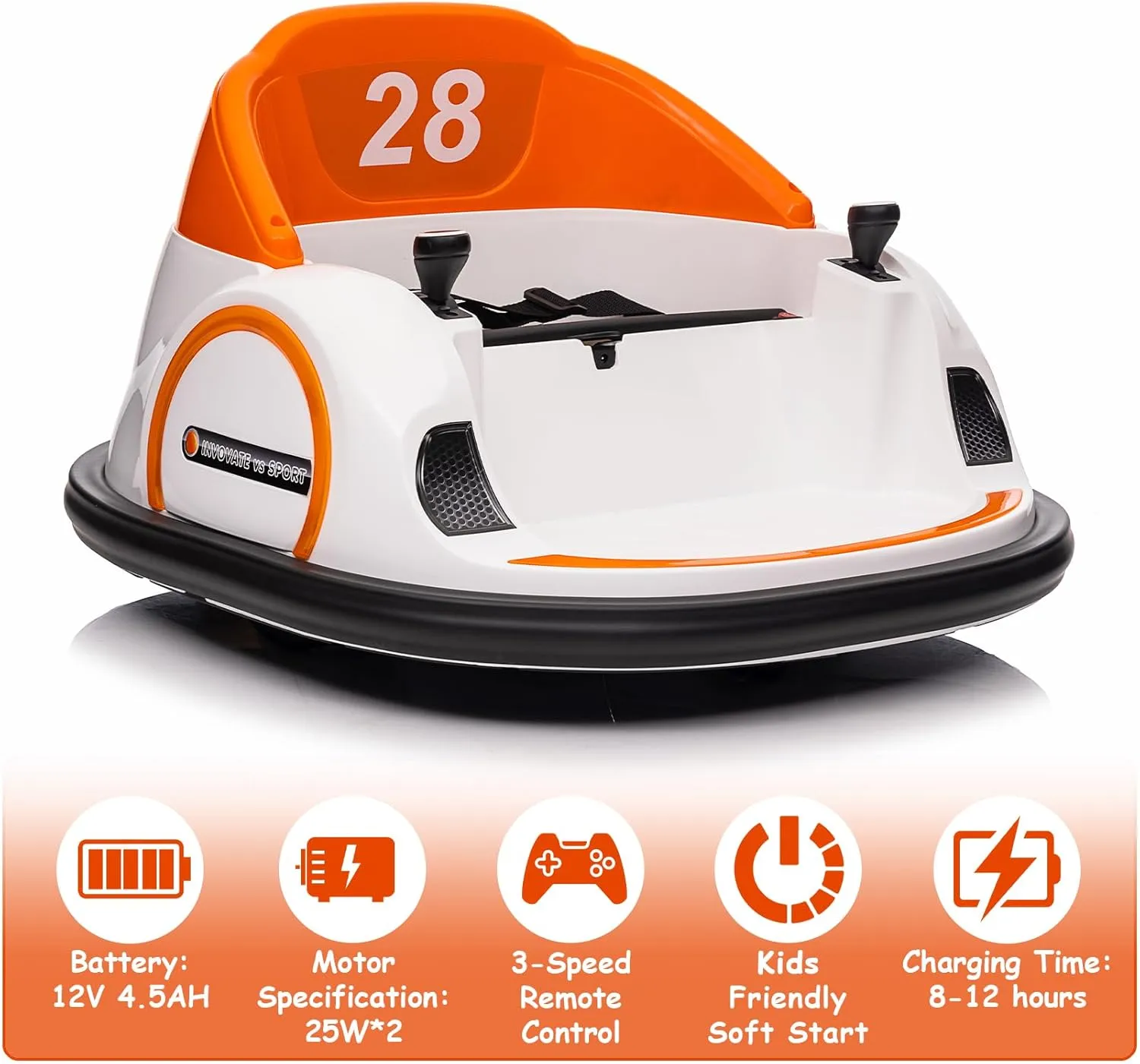 12V Kids Electric Ride On Bumper Car, Toddlers Bumper Car with Remote Control, Baby Bumping Toy with 360 Degree Spin, 3 Speeds, Music, Led Lights, for Boys Girls 1.5 , Orange