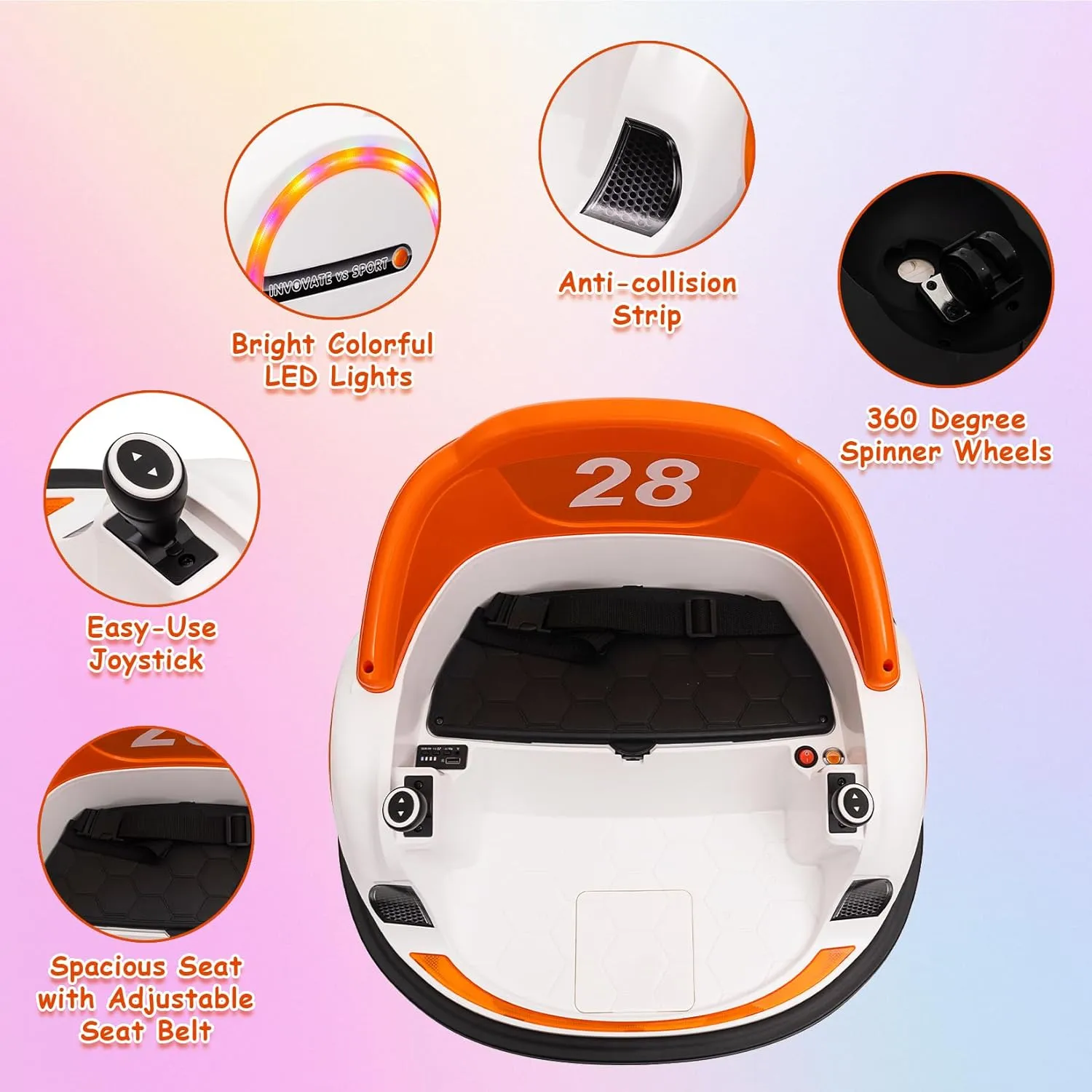 12V Kids Electric Ride On Bumper Car, Toddlers Bumper Car with Remote Control, Baby Bumping Toy with 360 Degree Spin, 3 Speeds, Music, Led Lights, for Boys Girls 1.5 , Orange