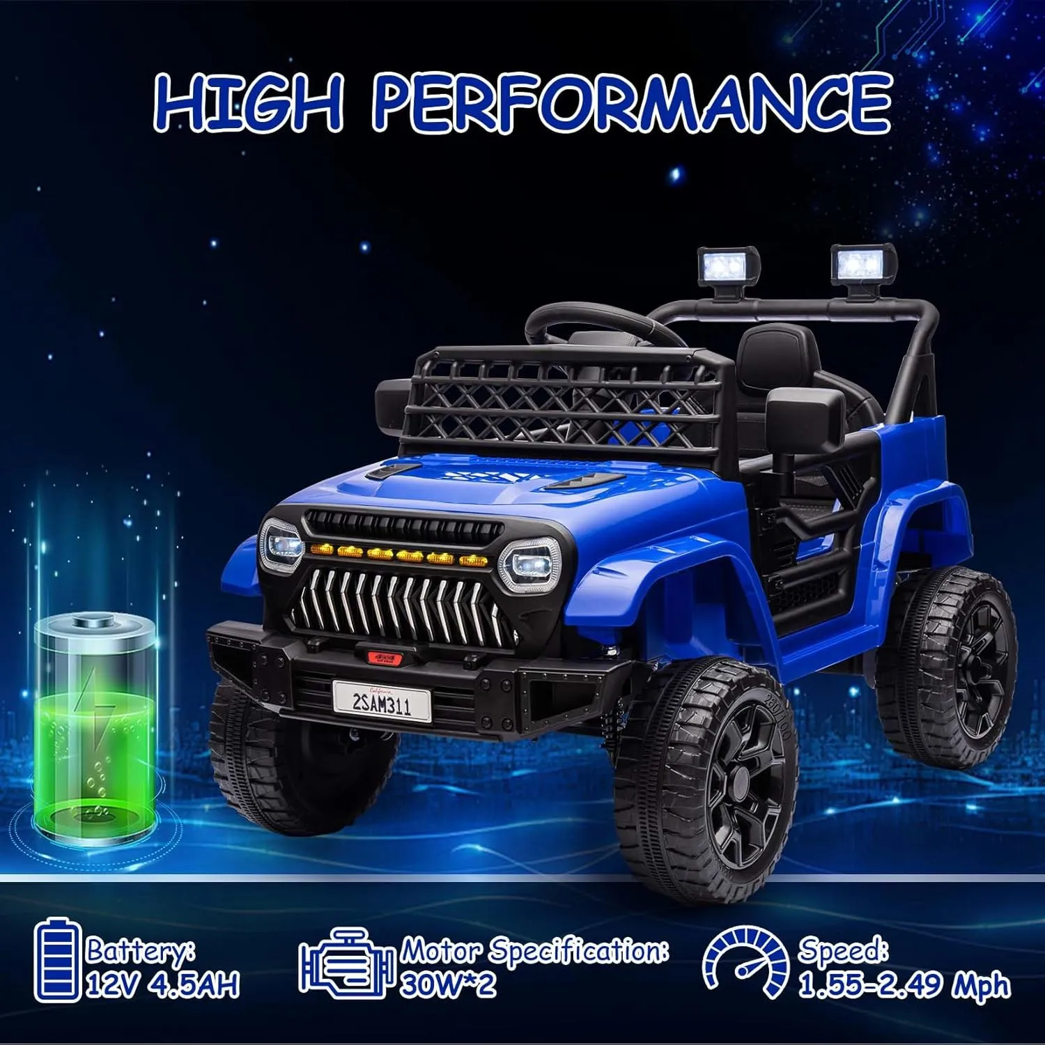12V Kids Ride On Truck Battery Powered Ride On Car Toy for Toddles Electric Vehicle with 2.4G Remote Control, Spring Suspension, Battery Display, LED Lights, Music, Navy Blue