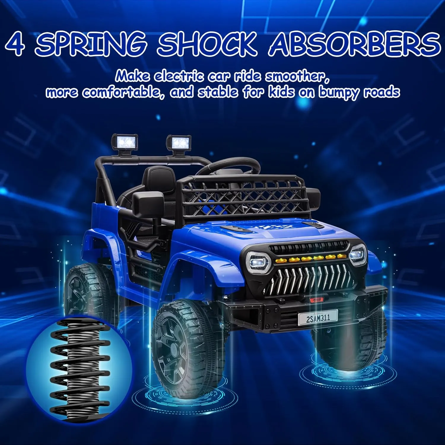 12V Kids Ride On Truck Battery Powered Ride On Car Toy for Toddles Electric Vehicle with 2.4G Remote Control, Spring Suspension, Battery Display, LED Lights, Music, Navy Blue