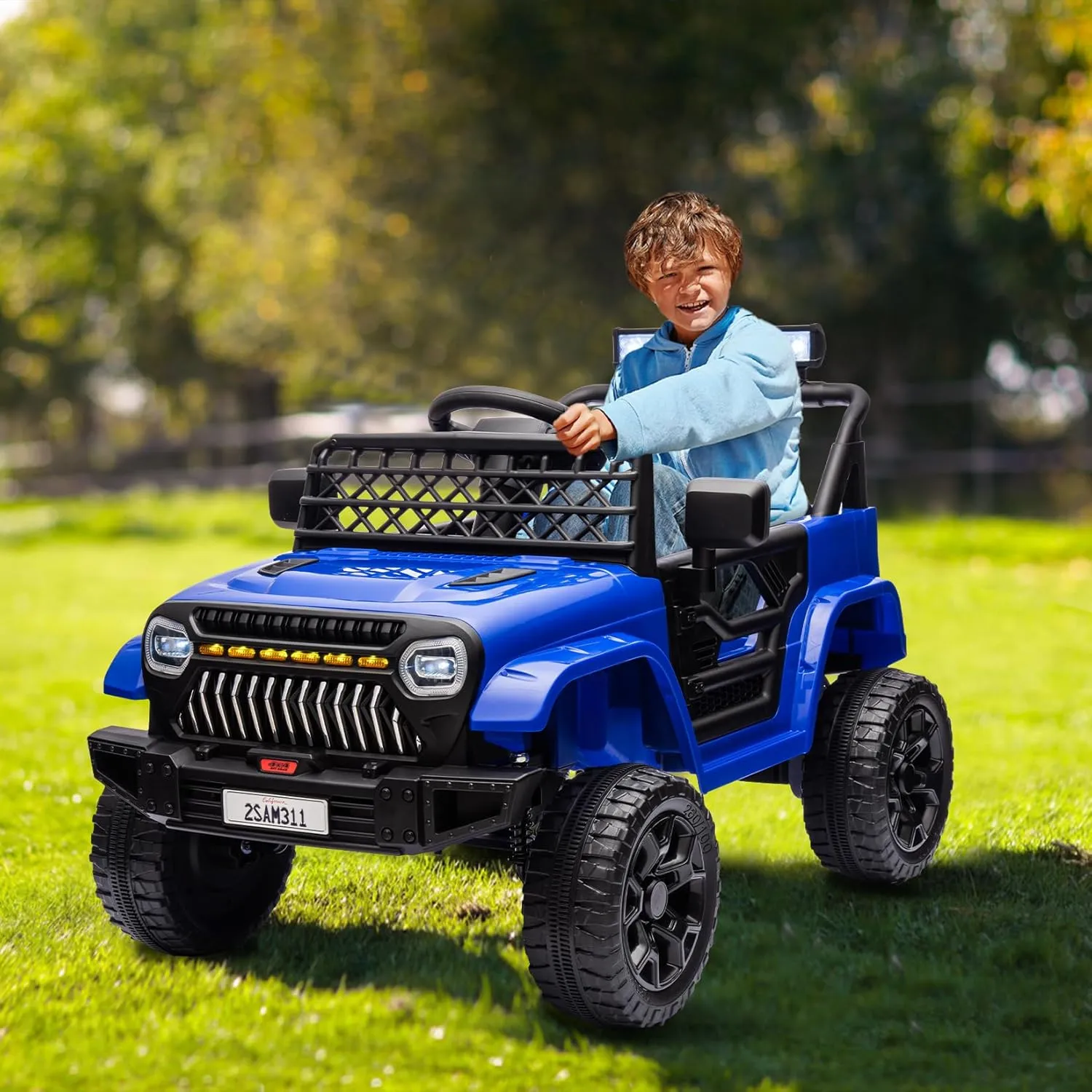 12V Kids Ride On Truck Battery Powered Ride On Car Toy for Toddles Electric Vehicle with 2.4G Remote Control, Spring Suspension, Battery Display, LED Lights, Music, Navy Blue