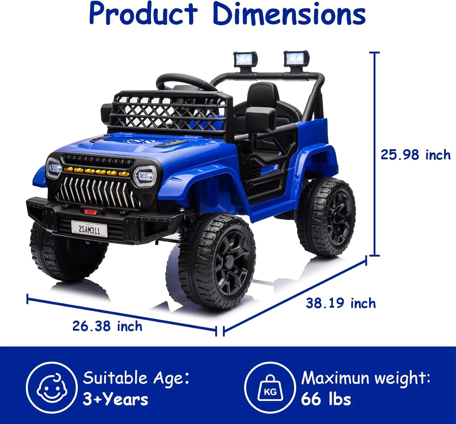 12V Kids Ride On Truck Battery Powered Ride On Car Toy for Toddles Electric Vehicle with 2.4G Remote Control, Spring Suspension, Battery Display, LED Lights, Music, Navy Blue