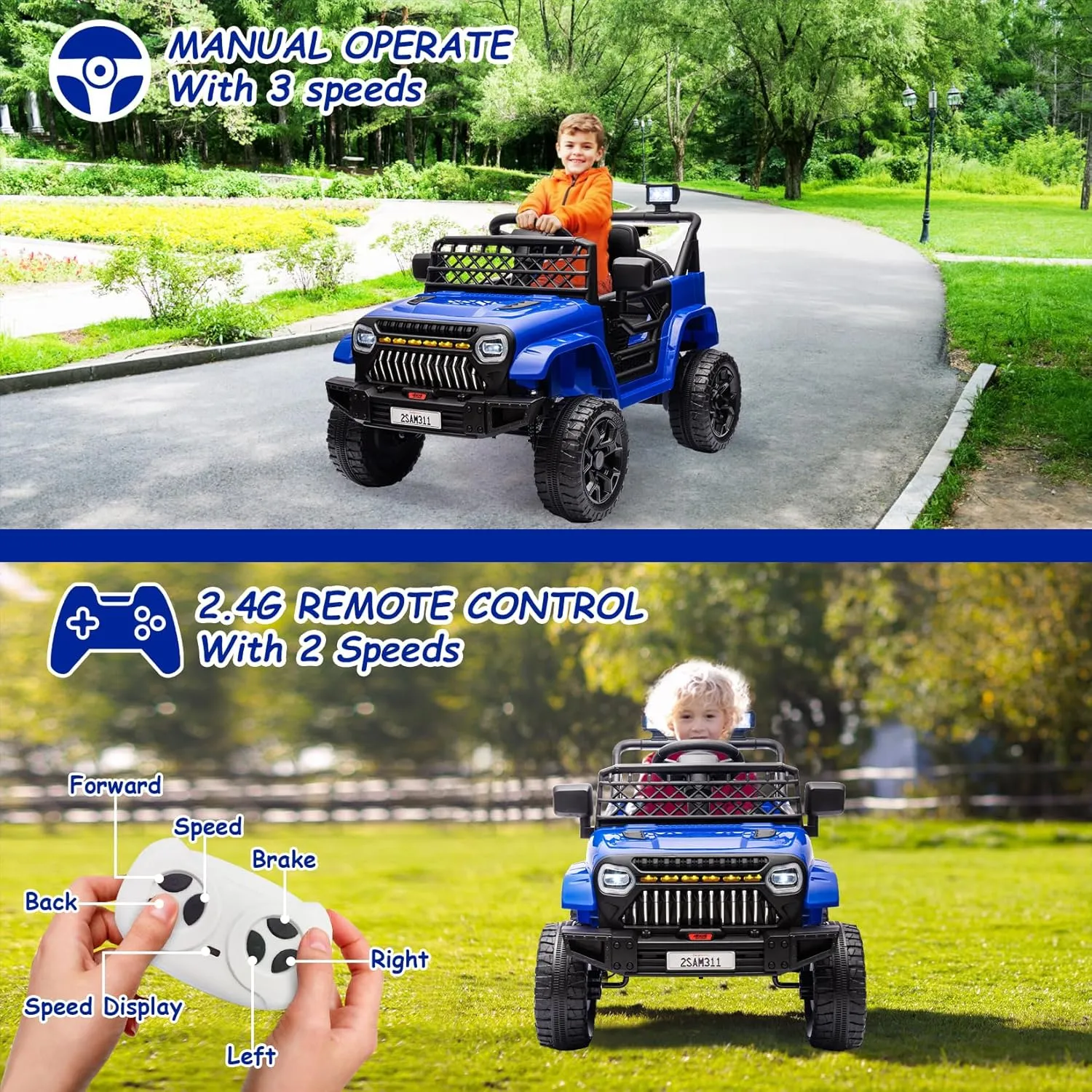 12V Kids Ride On Truck Battery Powered Ride On Car Toy for Toddles Electric Vehicle with 2.4G Remote Control, Spring Suspension, Battery Display, LED Lights, Music, Navy Blue