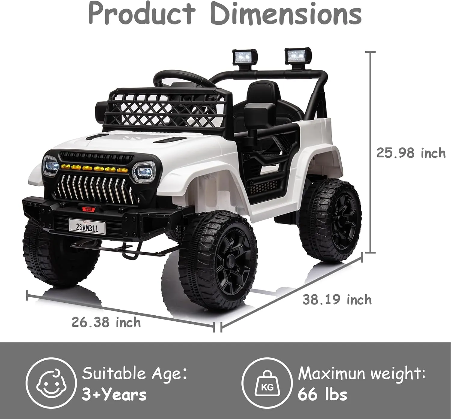 12V Kids Ride On Truck Electric Vehicle Battery Powered Car Toddlers Ride On Toy for Boys Girls with Remote Control, 4-Wheel Suspension, Battery Display, LED Lights, Music, White