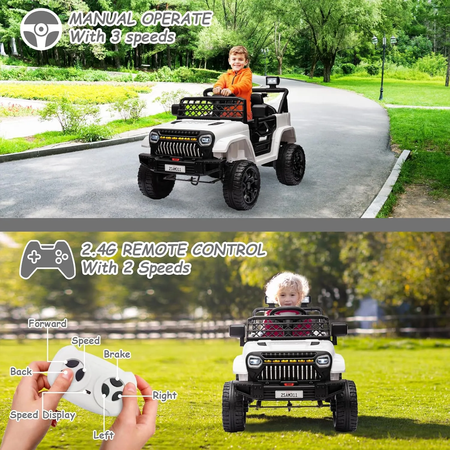 12V Kids Ride On Truck Electric Vehicle Battery Powered Car Toddlers Ride On Toy for Boys Girls with Remote Control, 4-Wheel Suspension, Battery Display, LED Lights, Music, White