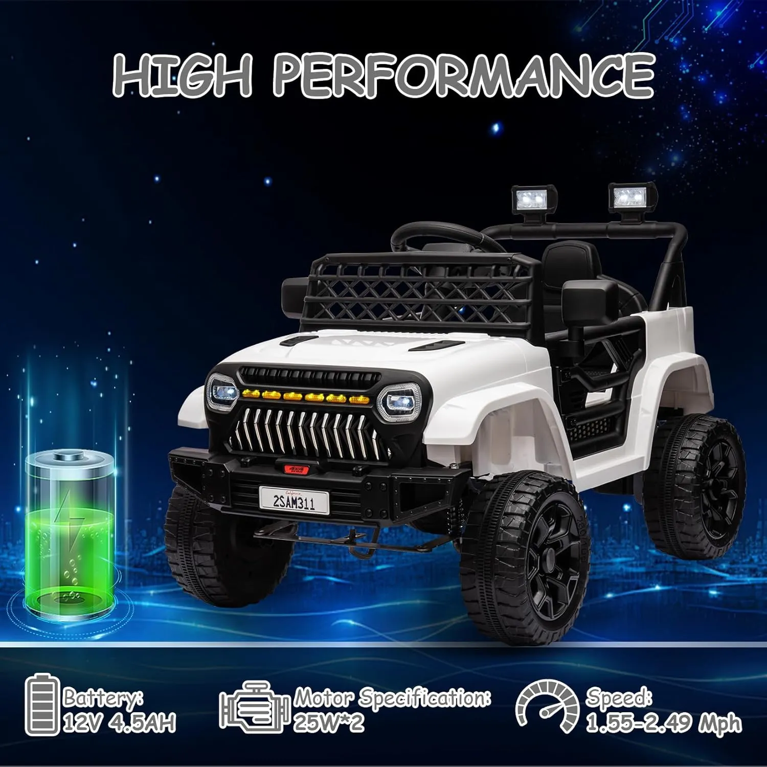 12V Kids Ride On Truck Electric Vehicle Battery Powered Car Toddlers Ride On Toy for Boys Girls with Remote Control, 4-Wheel Suspension, Battery Display, LED Lights, Music, White