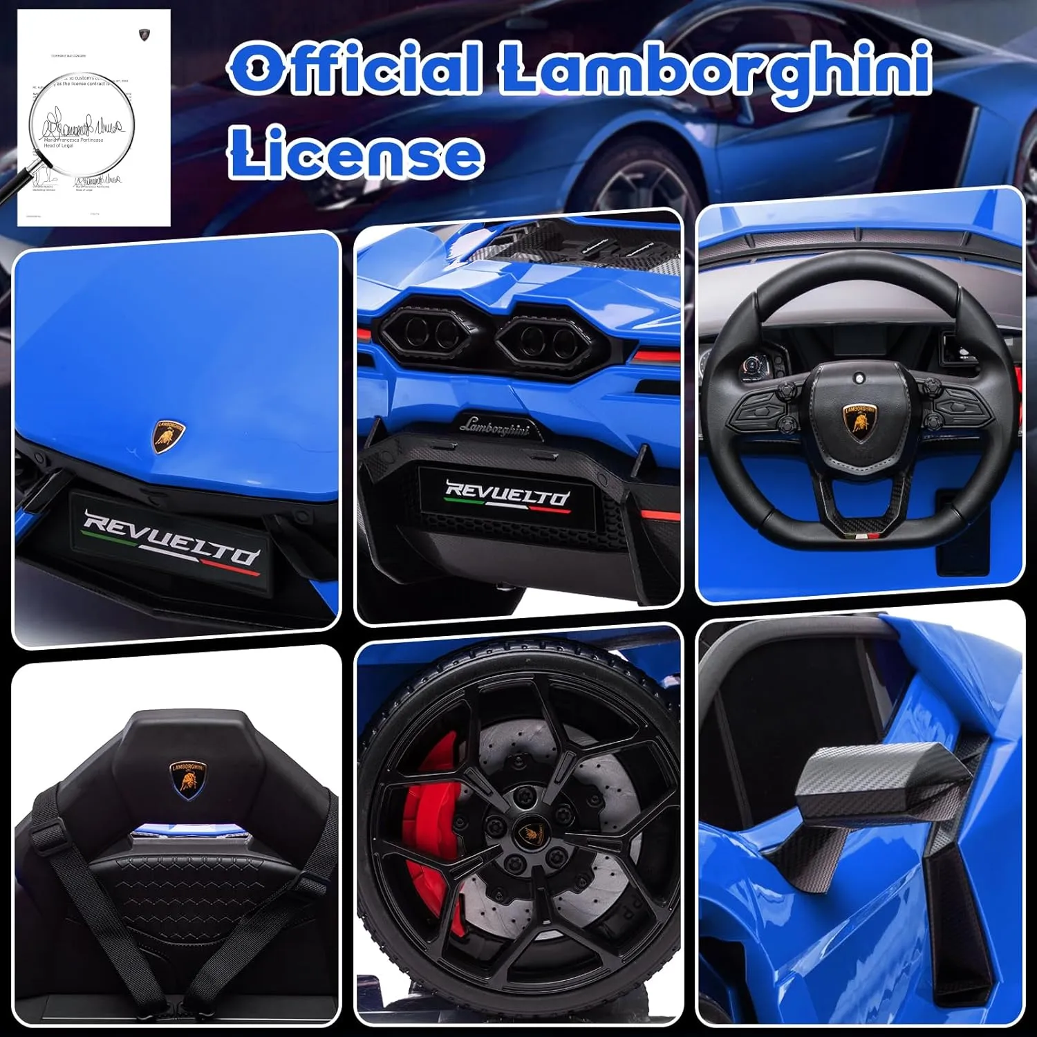 12V Ride On Car for Kids, Licensed Lamborghini Revuelto Electric Vehicle, Battery Powered Sports Car Toy for Boys & Girls, with Bluetooth, USB, Music, Remote Control, Headlight, Blue