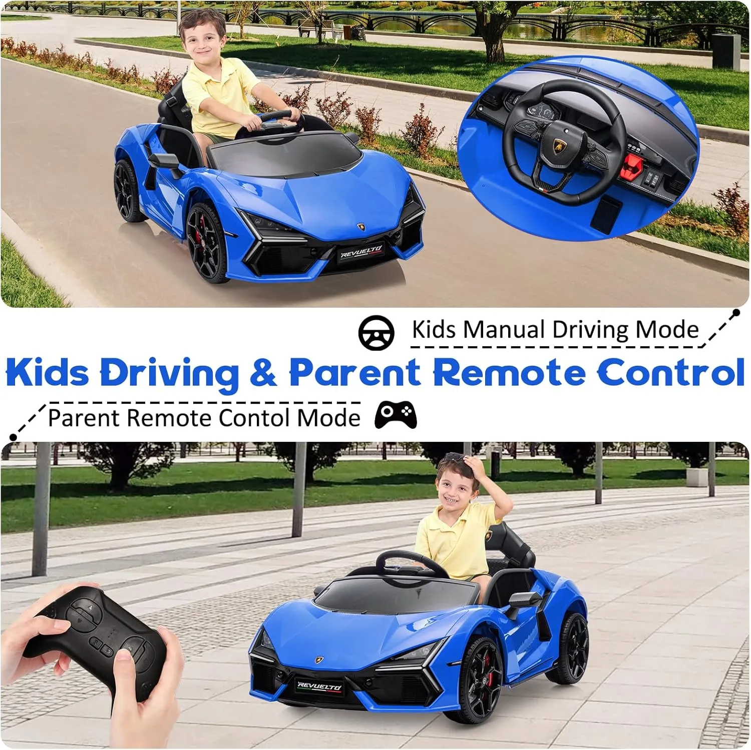 12V Ride On Car for Kids, Licensed Lamborghini Revuelto Electric Vehicle, Battery Powered Sports Car Toy for Boys & Girls, with Bluetooth, USB, Music, Remote Control, Headlight, Blue