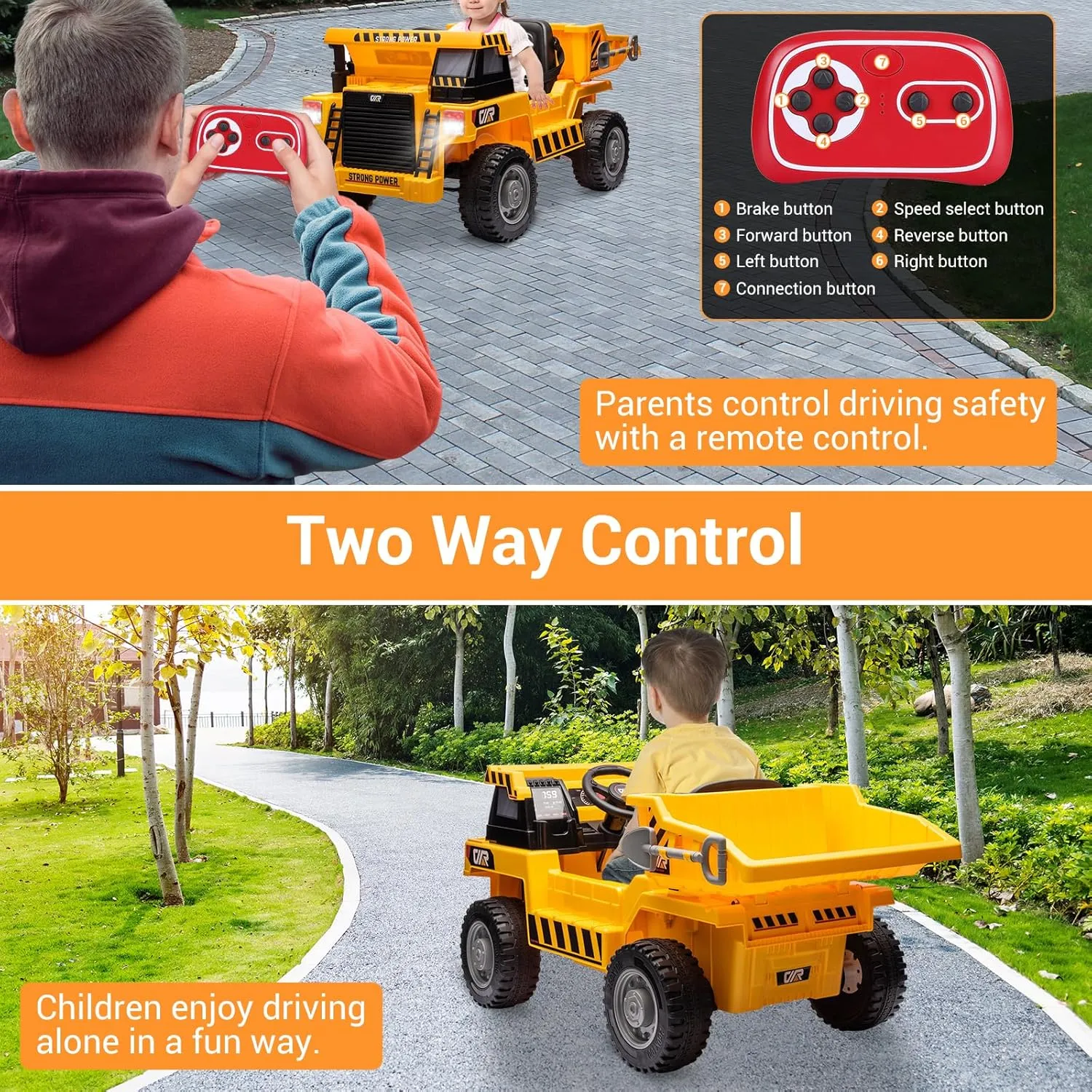12V Ride on Dump Truck, Ride on Car with Dump Bed,Shovel, Electric Kids Truck with Parent Remote Control, Battery Powered Construction Vehicles with Light,Music,Soft Start for Safety
