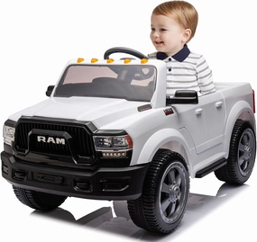 12V Ride On Pickup Truck, Licensed Dodge RAM 2500 Electric Toddler Car with Remote, LED Lights, Music, USB, MP3, Bluetooth and Five-Point Safety Harness - Perfect for Kids Aged 3-8 Years (White)