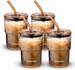 13oz/400ml Glass Water Tumbler with Straw and Lid Sealed Carry On Thick Wall Iced Coffee Cup Glass Cup for Water, Iced Tea Fruit Juice Etc(Amber-4Pack)