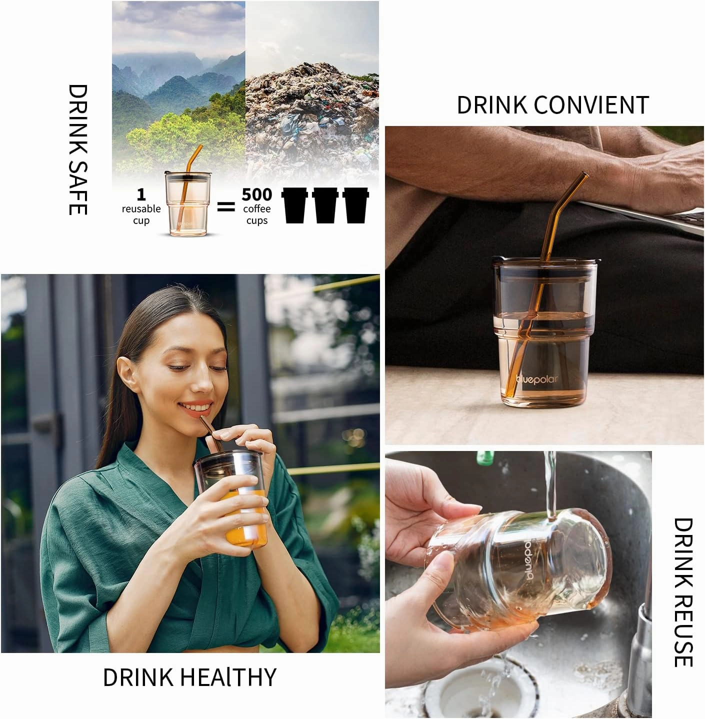 13oz/400ml Glass Water Tumbler with Straw and Lid Sealed Carry On Thick Wall Iced Coffee Cup Glass Cup for Water, Iced Tea Fruit Juice Etc(Amber-4Pack)