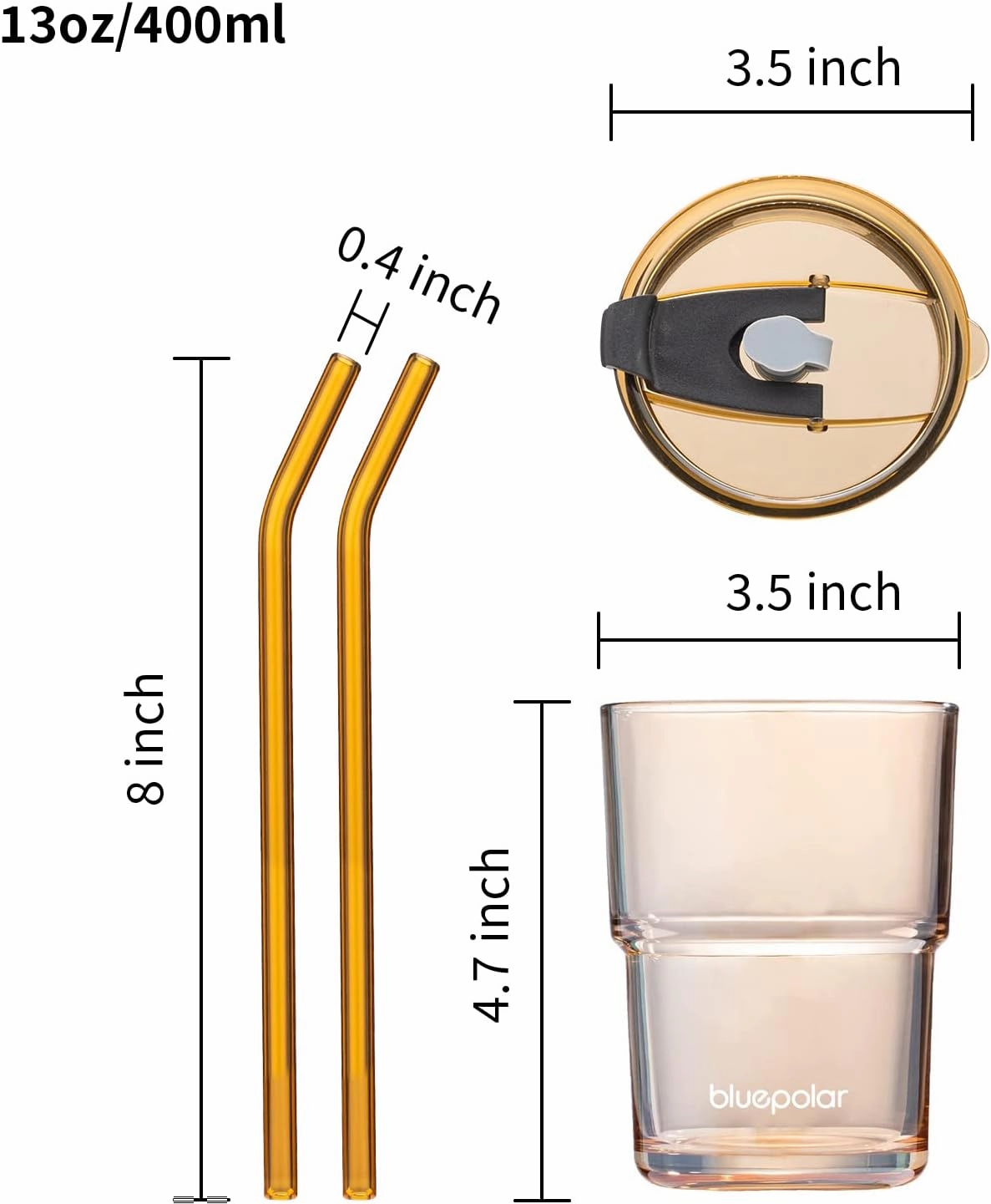 13oz/400ml Glass Water Tumbler with Straw and Lid Sealed Carry On Thick Wall Iced Coffee Cup Glass Cup for Water, Iced Tea Fruit Juice Etc(Amber-4Pack)