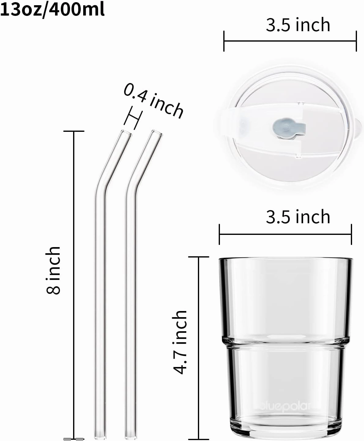 13oz/400ml Glass Water Tumbler with Straw and Lid Sealed Carry On Thick Wall Iced Coffee Cup Glass Cup for Water, Iced Tea Fruit Juice Etc (Aurora White,2Pack…
