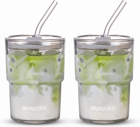 13oz/400ml Glass Water Tumbler with Straw and Lid Sealed Carry On Thick Wall Iced Coffee Cup Glass Cup for Water, Iced Tea Fruit Juice Etc (Aurora White,2Pack…