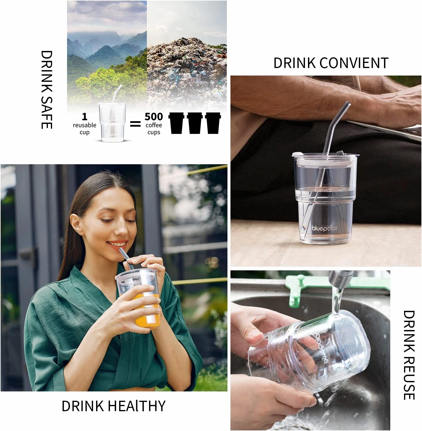 13oz/400ml Glass Water Tumbler with Straw and Lid Sealed Carry On Thick Wall Iced Coffee Cup Glass Cup for Water, Iced Tea Fruit Juice Etc (Aurora White,2Pack…