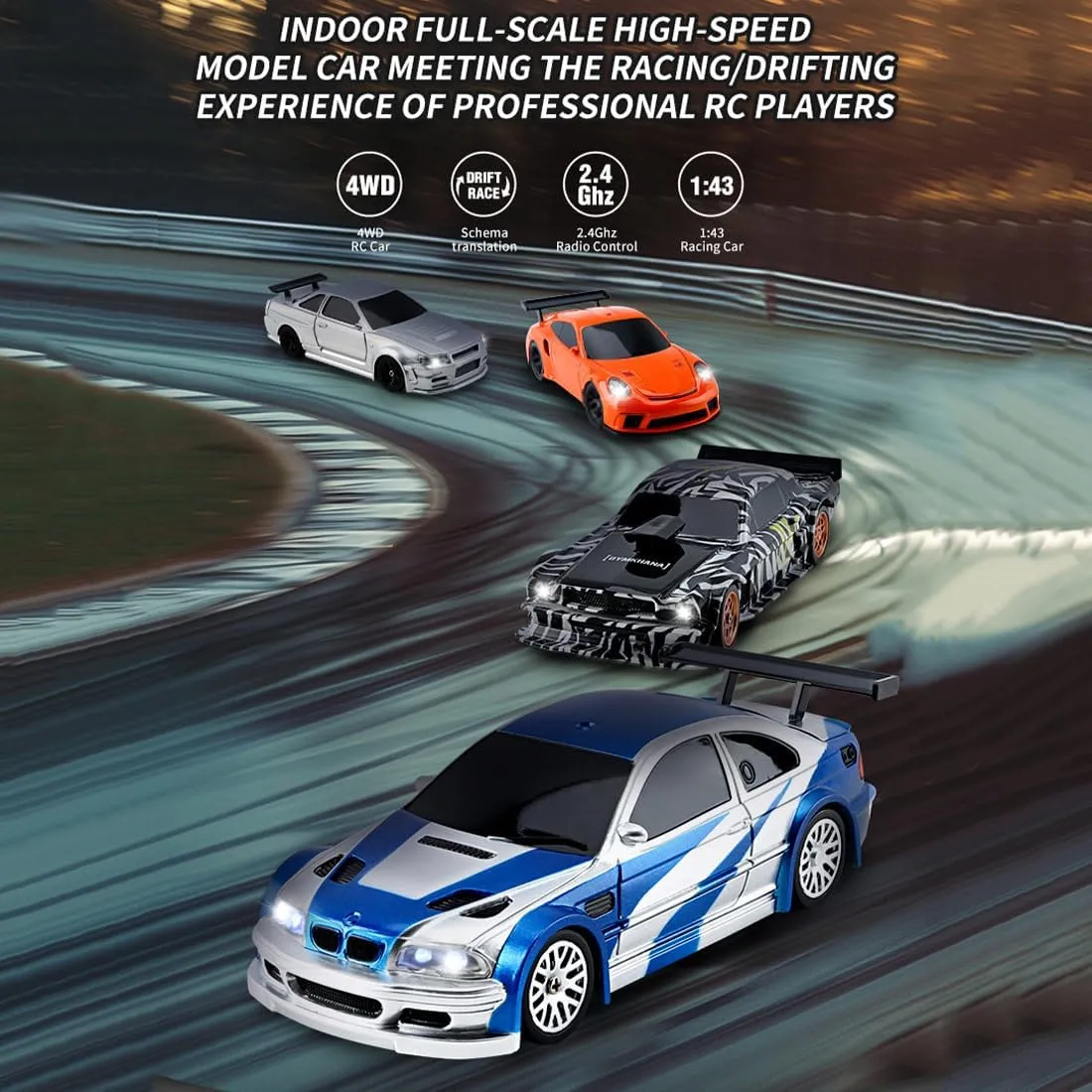1/43 RC Drift Car for Adults, 2.4G Remote Control Drift Car RC Sports Car, RC Racing Car Drift Mini RC Car Model, Electric RC Racing Drift Car with Lights, Gift -Gyro RTR