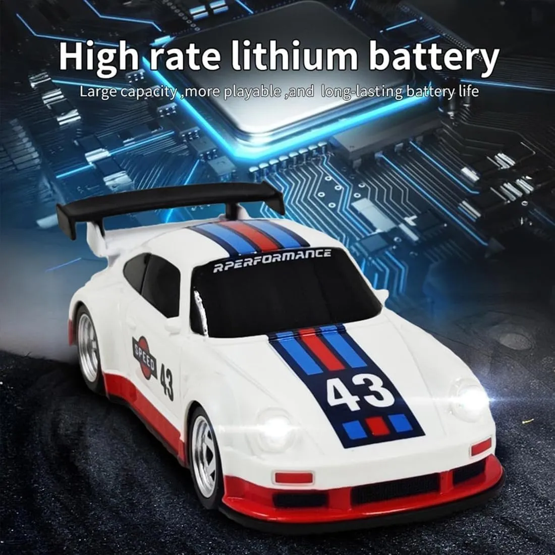 1:43 Scale Mini Drift Racing Car with Radio Control and LED Lights, 2.4G 15 KM/H High-Speed Electric Vehicle, Full-Scale RC Racing Car for Adults