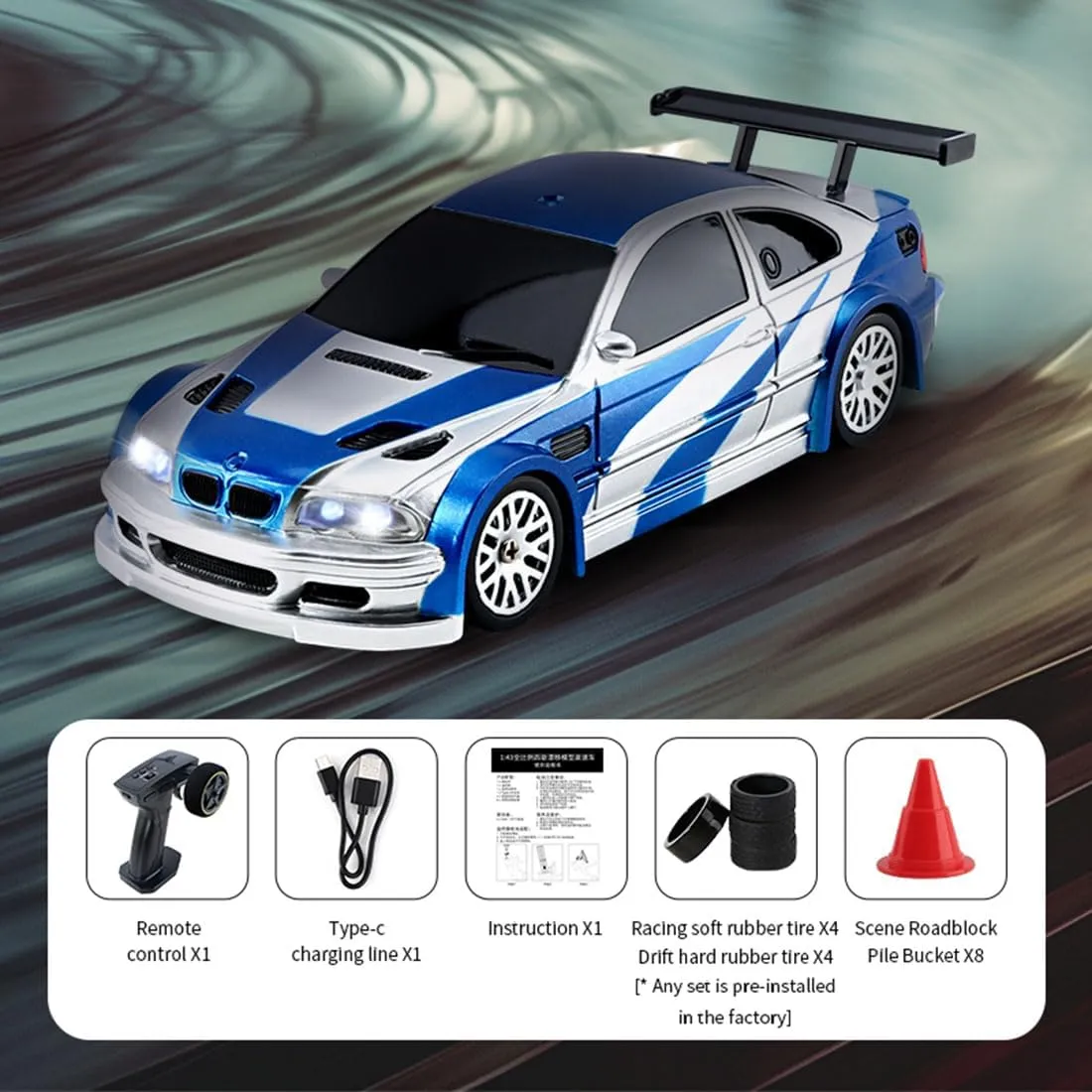 1/43 Scale Storms Drift RC Car for Desk - 2.4G Full Proportional Electric Mini Racing Model With Lights Kit (RTR Version/Blue White)