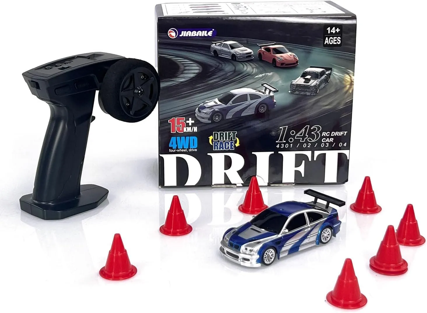 1/43 Scale Storms Drift RC Car for Desk - 2.4G Full Proportional Electric Mini Racing Model With Lights Kit (RTR Version/Blue White)