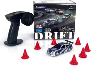 1/43 Scale Storms Drift RC Car for Desk - 2.4G Full Proportional Electric Mini Racing Model With Lights Kit (RTR Version/Blue White)