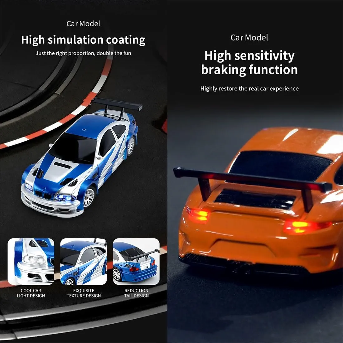 1/43 Scale Storms Drift RC Car for Desk - 2.4G Full Proportional Electric Mini Racing Model With Lights Kit (RTR Version/Blue White)