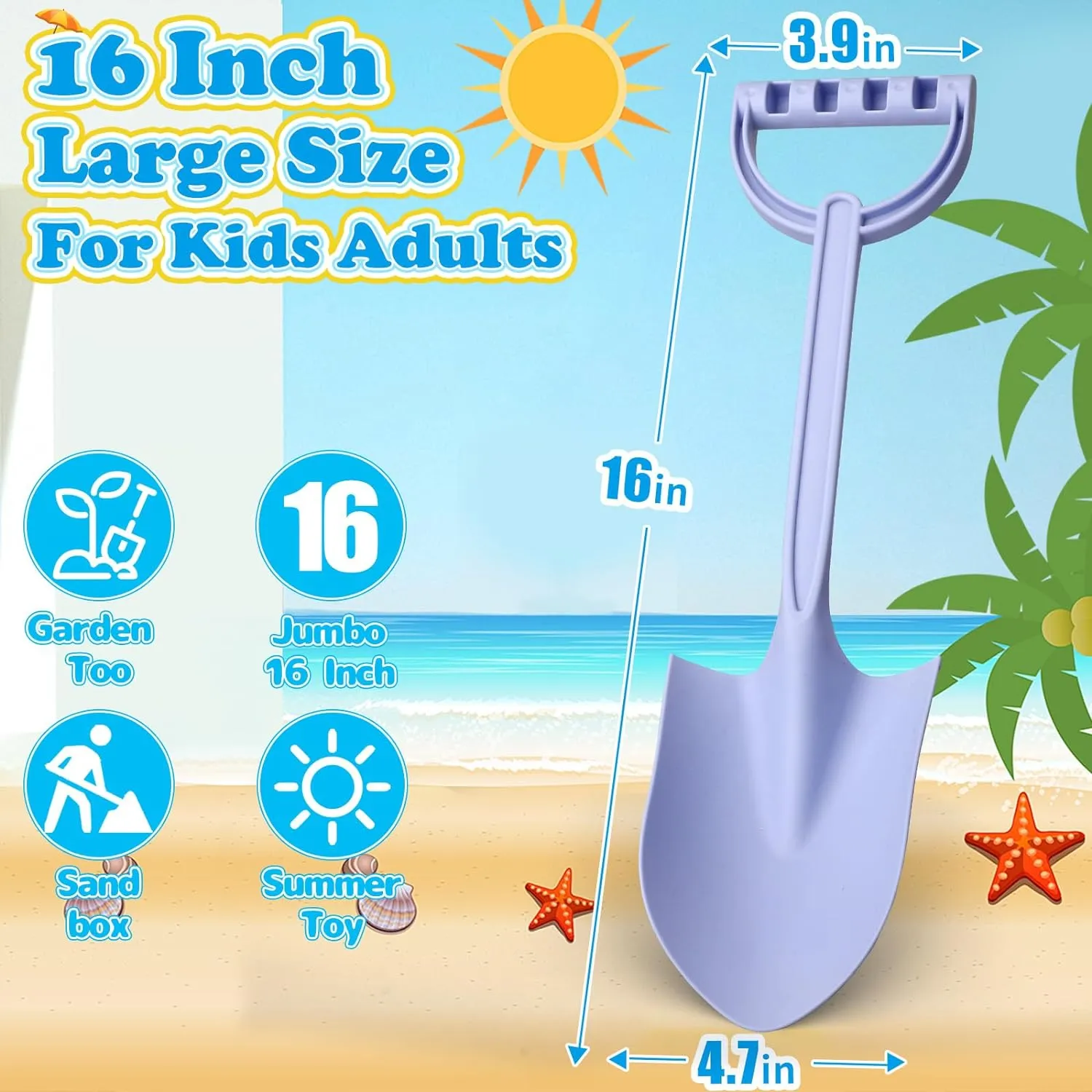 16 Inch Beach Toy Shovels, Sand Spade Shovel Toys for Kids Adults, Solid Sand Toy- Sandbox Kit,Outdoor, Snow Scoop, Planting Tools Gadget for Boys Girls, Digging, Gardening Travel 3 Pack