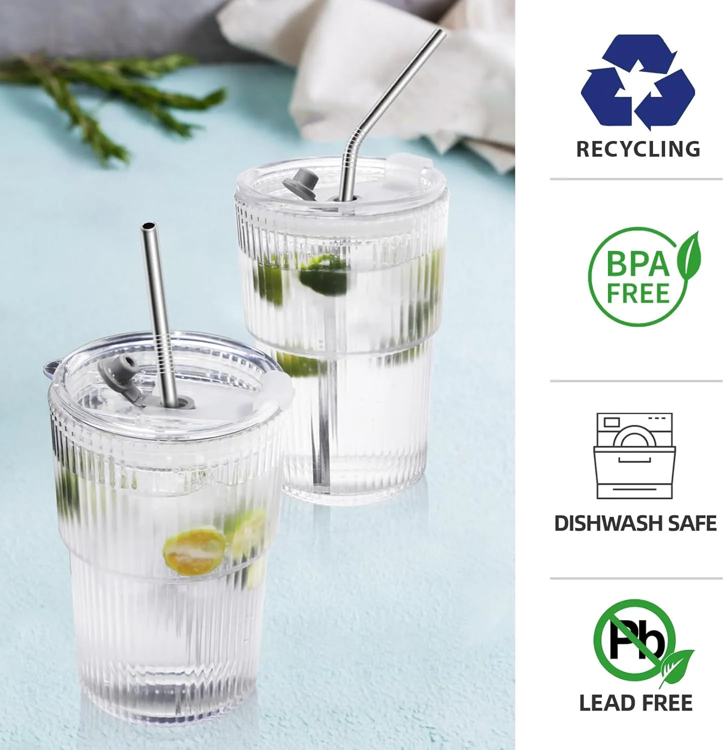 16 OZ Iced Coffee Cups with Lids and Straws Set of 4, Unbreakable Plastic Drinking Glasses Reusable Iced Coffee Glass to Go Cup for Iced Tea,Juice, Water,BPA Free, Dishwasher Safe