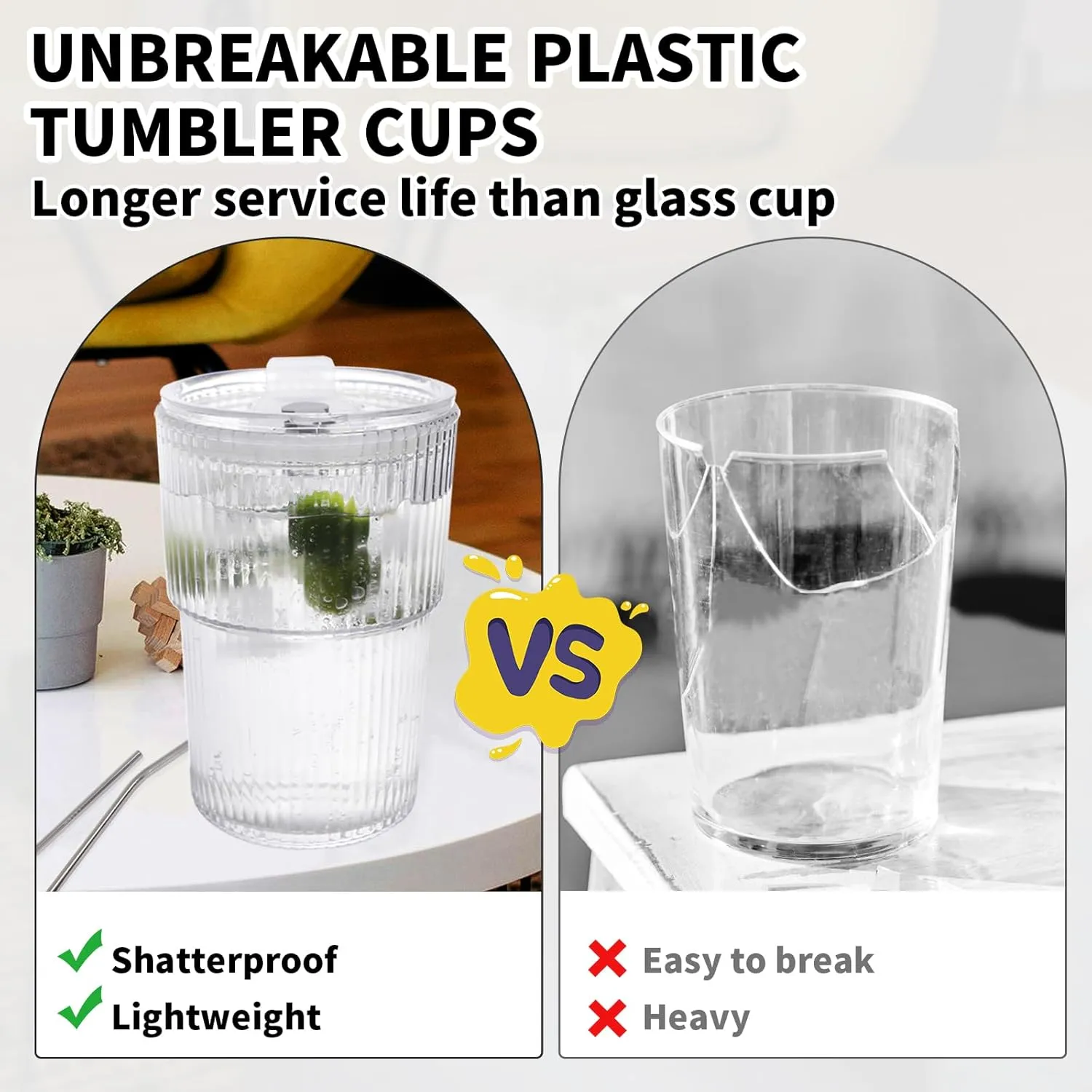 16 OZ Iced Coffee Cups with Lids and Straws Set of 4, Unbreakable Plastic Drinking Glasses Reusable Iced Coffee Glass to Go Cup for Iced Tea,Juice, Water,BPA Free, Dishwasher Safe