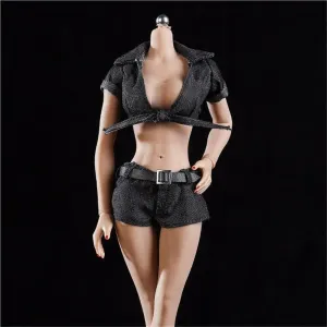 1/6 Scale Female Figure Clothes, Female Denim Short Sleeved Shirt Shorts for 12 inch Action Figure Body Doll(Black)