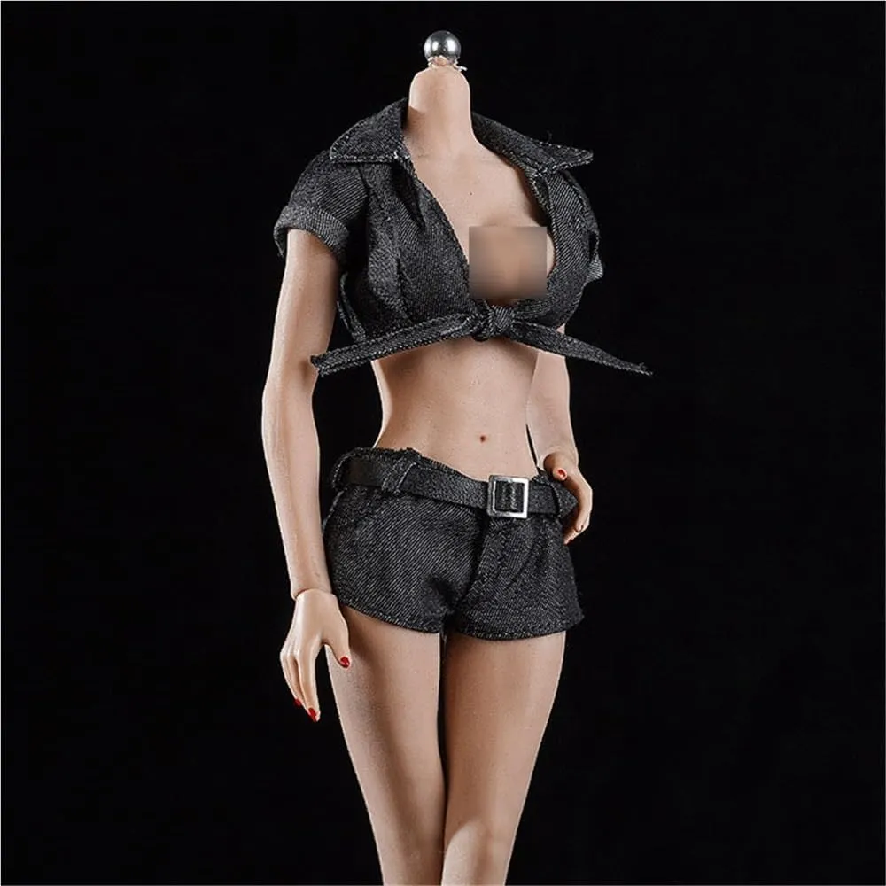 1/6 Scale Female Figure Clothes, Female Denim Short Sleeved Shirt Shorts for 12 inch Action Figure Body Doll(Black)