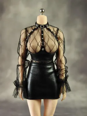 1/6 Scale Figure Doll Clothes Mesh Shirt Leather Waistband and Short Skirt for 12" Female Action Figure, Flexible Seamless Doll Silicone Body Doll