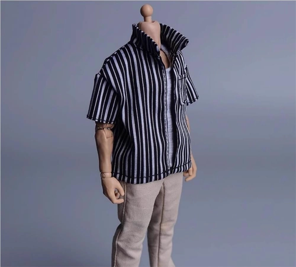 1/12 Scale Male Soldier Model Figure Doll Casual Short Sleeved Striped Shirt Clothes for 6 Inch Action Figure Doll Clothes Doll(Black)